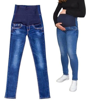 Базові класичні джинси з широкою, м'якою резинкою для вагітних, скінні темно-синього кольору, 25-30 110320249 фото