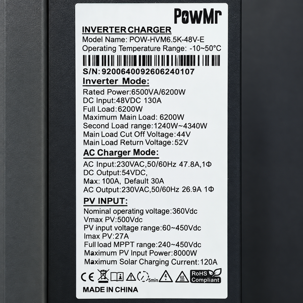 Гибридный солнечный инвертор PowMr POW-HVM6.5K-48V-E 6500 Вт 48В, MPPT 120А, чистая синусоида, зарядное устройство, ИБП (UPS) 1610261 фото