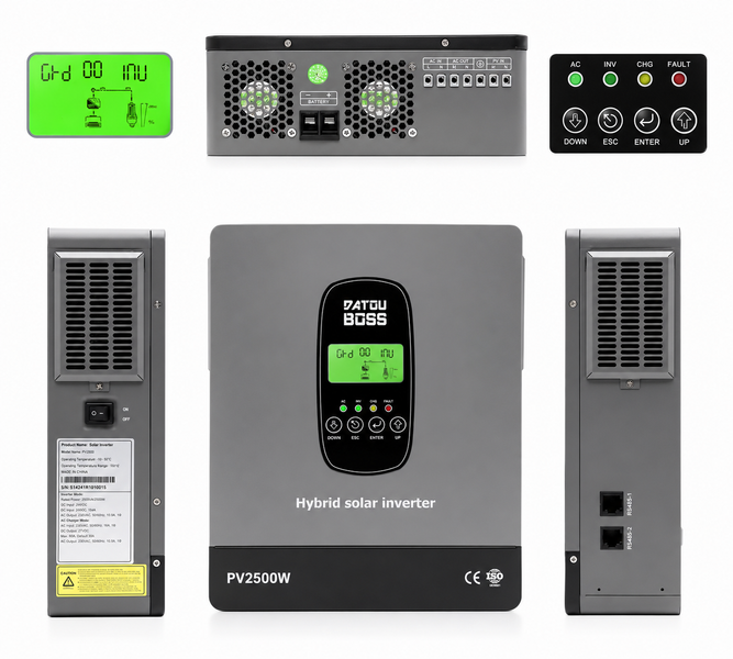 Гібридний інвертор Datouboss 1,8 кВт 12 В, MPPT 100 А, чиста синусоїда, для АКБ та сонячних панелей 1008266 фото