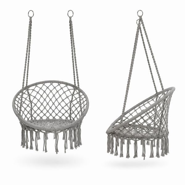 Підвісне крісло-гойдалка Boho XL 80 см макраме до 150 кг, плетене підвісне крісло кокон для дому, саду, балкона, тераси, дачі, бежеве / кремове / Grey 230426123 фото