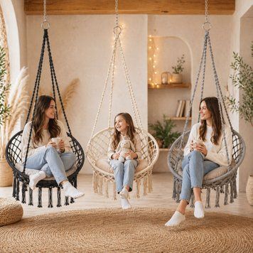 Підвісне крісло-гойдалка з м'якою подушкою, Boho XL 80 см макраме до 150 кг, бежеве / кремове / Grey плетене, для дому, саду, балкона 230426128 фото