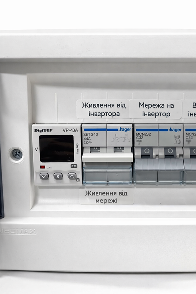Готовий щит АВР для інвертора Neomax, DigiTop, Hager з реле напруги | електрощит резервного живлення для дому, квартири 1602261 фото