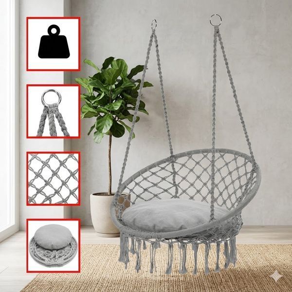 Підвісне крісло-гойдалка з м'якою подушкою, Boho XL 80 см макраме до 150 кг, бежеве / кремове / Grey плетене, для дому, саду, балкона 230426128 фото