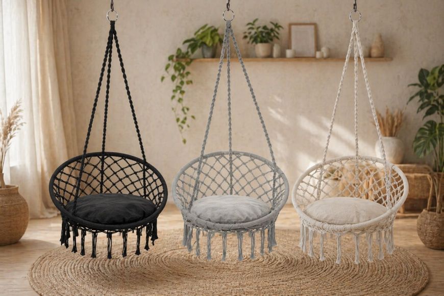 Підвісне крісло-гойдалка з м'якою подушкою, Boho XL 80 см макраме до 150 кг, бежеве / кремове / Grey плетене, для дому, саду, балкона 230426128 фото