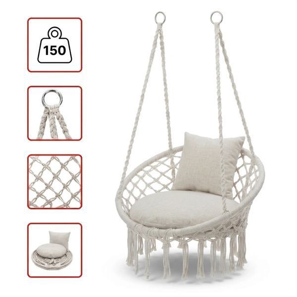 Подвесное кресло-качалка + 2 мягкие подушки в комплекте, Boho XL 80 см макраме до 150 кг, бежевое/кремовое/Grey плетеное, для дома, сада, балкона 230426129 фото