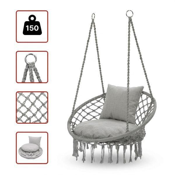 Подвесное кресло-качалка + 2 мягкие подушки в комплекте, Boho XL 80 см макраме до 150 кг, бежевое/кремовое/Grey плетеное, для дома, сада, балкона 230426129 фото