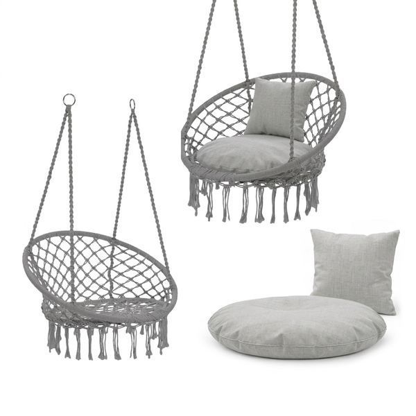 Подвесное кресло-качалка + 2 мягкие подушки в комплекте, Boho XL 80 см макраме до 150 кг, бежевое/кремовое/Grey плетеное, для дома, сада, балкона 230426129 фото