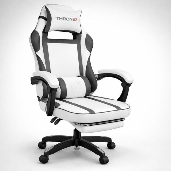 Геймерское кресло ThroneX до 130 кг, компьютерное, офисное с массажной подушкой USB и подставкой для ног, белое с графитом, эко-кожа PVC 17302614 фото