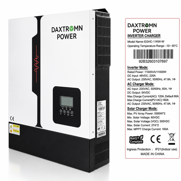 Гибридный инвертор DAXTROMN POWER 11 кВт 48В, 160А, двойной MPPT, Wi-Fi, чистая синусоида, UPS 2508261 фото