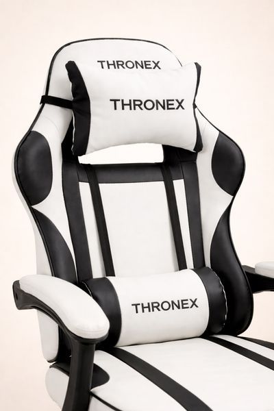 Эргономичное геймерское кресло ThroneX Relax Pro с массажной подушкой и подножкой, до 130 кг, бело-черное для офиса, квартиры, дома 17032616 фото