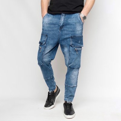 Чоловічі джинси котонові з кишенями "карго", синього кольору, Туреччина, 30 1104242 фото