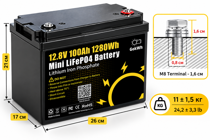 Акумулятор LiFePO4 GoKWh Mini 12.8V 100Ah 1,28 кВт&middot;год з BMS, для інвертора та резервного живлення 3009271 фото