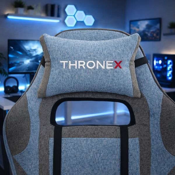 Геймерское компьютерное кресло ThroneX с подножкой и массажной подушкой, ткань, до 130 кг, голубовато-серое для гейминга, работы за ПК и домашнего офиса 17032620 фото