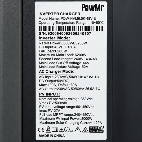 Комплект резервного живлення PowMr POW-HVM6.5K 48В. + акумулятор LiFePO4 Haisic 48В 100Ah 4,8 кВт&middot;год, MPPT 120А, для дому 2509265 фото
