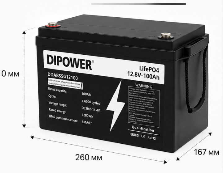 Аккумулятор LiFePO4 Dipower 12V 100Ah (1280Wh) DDABSSG12100, литий-железо-фосфатный аккумулятор для ИБП (UPS), инвертора 3107261 фото