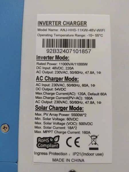 Гибридный инвертор Anenji 11 кВт ANJ-HHS-11KW-48V-WIFI, 48 В, с Wi-Fi, с MPPT, для солнечных систем, дома и офиса 30032611 фото